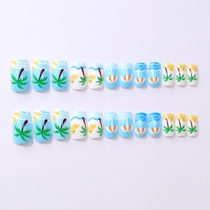 Hawaiian summer beach press-on nails with palm tree and lemon patterns on blue square tips