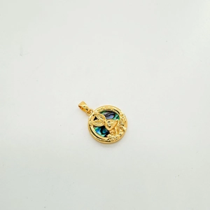 Detail of 18K gold-plated rabbit pendant with colorful abalone shell and tiny diamond eye