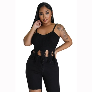 Women's black knitted crop camisole with distressed tassel hem and ribbed texture