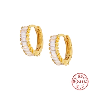 S925 sterling silver hoop earrings with baguette-cut zircon in minimalist gold finish