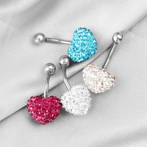 Set of four stainless steel belly rings with heart-shaped crystals in various colors