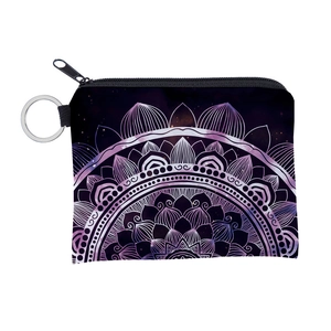 Detail of purple mandala print coin purse with keychain and galaxy star pattern