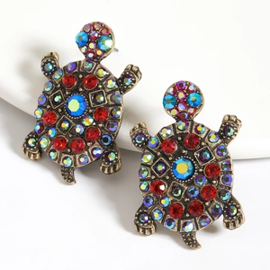 Exquisite turtle stud earrings with colorful rhinestones in an antique bronze finish