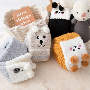 Set of 4 cute coral fleece over-knee socks featuring 3D animal ears and cozy plush texture