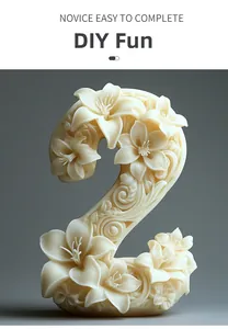 Detailed relief of lily flowers on 3D number 2 ivory candle mold for DIY crafts