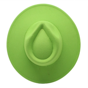 Top view of lime green wool felt jazz hat showing the teardrop crown and fine stitching