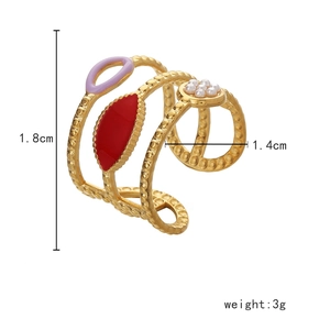 Detail showing dimensions of hollow gold ring with purple enamel and pearl accents