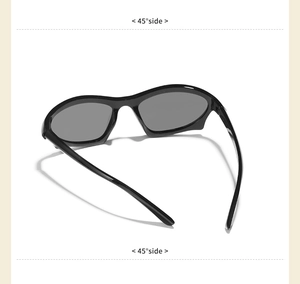 Detail view of stylish kids sunglasses at 45 degree angle with dark grey lenses