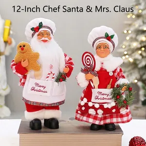 Standing 12 inch Christmas chef Santa and Mrs. Claus figurines with gingerbread and candy