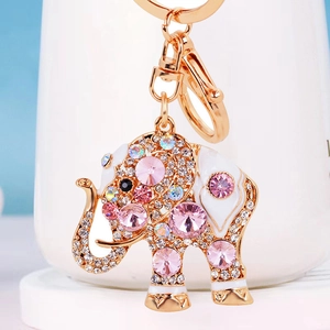 Detail of crystal elephant keychain with pink rhinestones and gold lobster clasp