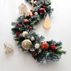 Christmas Garland Pre-lit Warm White LED Lights PE Frosted Pine Needles Natural Pine Cones Ribbon Mantel Staircase Party Decor