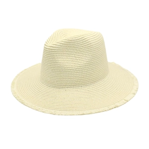 Detailed close-up of the textured straw weave and frayed edge of the cream Fedora sun hat