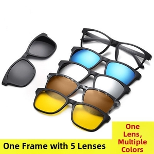 Detailed view of versatile 5-in-1 magnetic clip-on sunglasses set with various colored lenses
