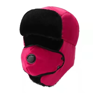 Winter thermal trapper hat in rose red with faux fur lining and integrated face mask