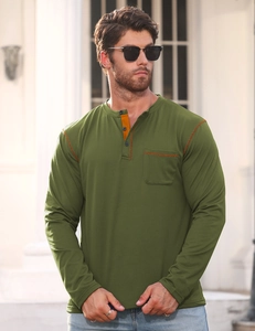 Detail of olive green long-sleeve Henley shirt with contrast orange stitching and chest pocket