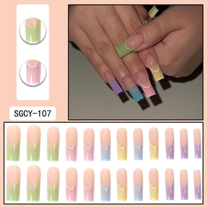 Rainbow gradient French tip press on nails in long square shape with glossy finish