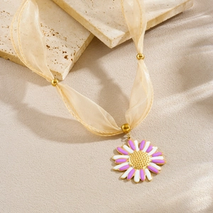 Elegant gold plated stainless steel daisy pendant necklace with purple floral silk ribbon