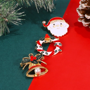 Detailed view of Christmas brooches with Santa, wreath, and bell in alloy and pearls