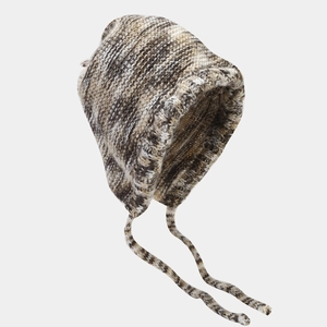 Retro colorful knit trapper hat with ear flaps and braided ties in brown and beige mix