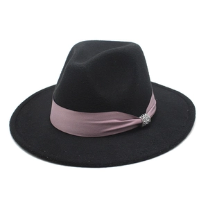 Classic black wool fedora hat featuring a wide purple satin ribbon and rhinestone buckle