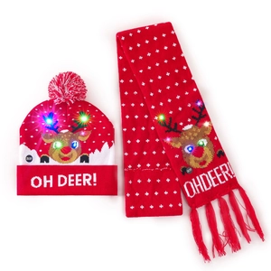 Detail of LED light-up Christmas knit hat and scarf set with Reindeer and OH DEER text