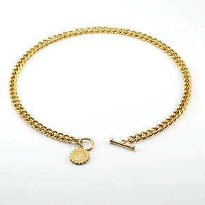 18K gold plated stainless steel Cuban chain necklace with OT toggle clasp and round pendant