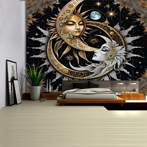 Tapisserie murale mystique soleil et lune avec étoiles pour décor de chambre à coucher