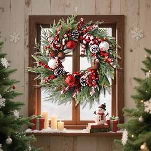 Christmas Wreath Garland Artificial Pine Needles Pine Cones Red Berries Candy Canes Ornaments For Front Door Wall Decoration