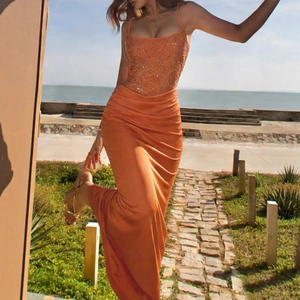 Vestito Maxi Camisole Arancione Da Donna Paillettes Pizzo Patchwork Schiena Scoperta Stile Vacanza Bodycon Vita Alta Senza Maniche