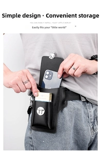 Close-up of a double-layered leather phone holster for men with a buckle for cigarette packs