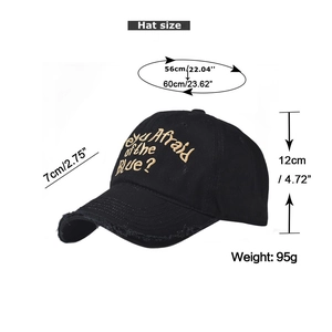 Detail showing distressed brim and yellow embroidery on a black washed cotton baseball cap