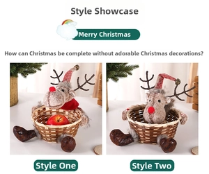 Detail of hand-woven Christmas candy basket with plush reindeer decor and festive bell