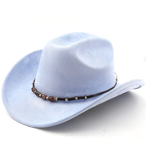 Detail of light blue suede cowboy hat with braided rope band and metallic beads decor