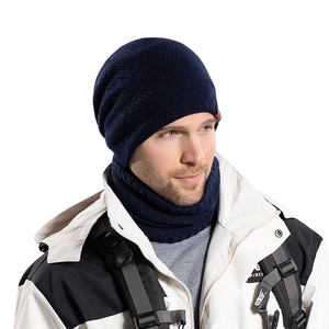Three-piece winter knit set with navy beanie and neck warmer for men in outdoor cold weather