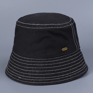 Washed Cotton Bucket Hat With Contrast Stitching And Metal Logo Casual Sun Protection Fisherman Cap Men Women Minimalist