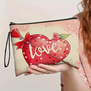 Heart Print Makeup Bag Linen Cosmetic Pouch With Zipper And Wrist Strap Portable Travel Toiletry Organizer Love Theme