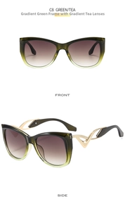 Front- und Seitenansicht der Schmetterling-Cat-Eye-Sonnenbrille mit grünem Verlauf und Goldbügeln