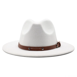 Classic white wool fedora hat with a wide brim and brown leather studded band detail