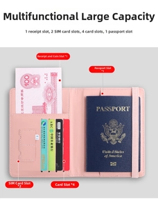 Pink PU leather passport holder with slots for cards, SIMs and currency bills
