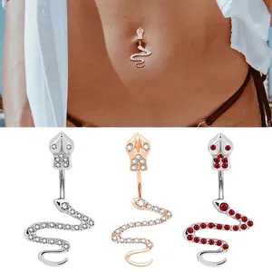 Snake belly button ring with rhinestones in silver and rose gold finishes