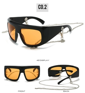 Detailed front and back views of oversized Y2K sunglasses with orange lenses and chains