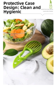 Close-up of a 3-in-1 avocado slicer with protective cover on a marble kitchen counter