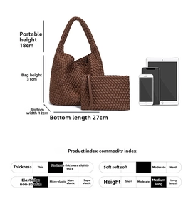 Brown hand-woven tote bag dimensions detail with matching clutch bag size chart