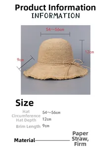 Detail view of woven straw sun hat showing 54-56cm circumference and 9cm brim dimensions