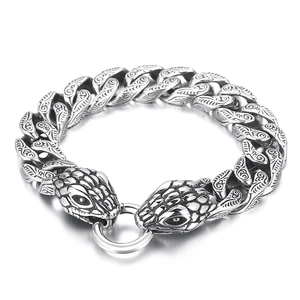 Vintage punk double snake head Cuban chain bracelet in retro steel with detailed engraving