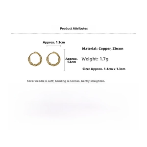Detail view of twisted gold-plated hoop earrings with zircon pavé and product dimensions