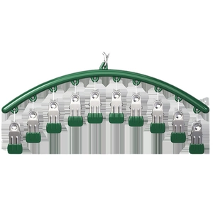 Green stainless steel sock drying rack with 10 anti-slip clips for laundry organization