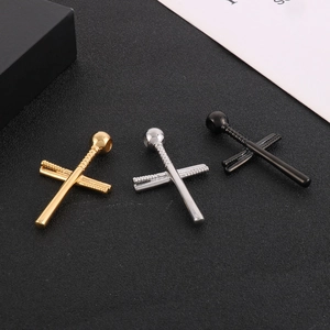 Crossed baseball bat pendants in gold, silver, and black stainless steel with 18K plating
