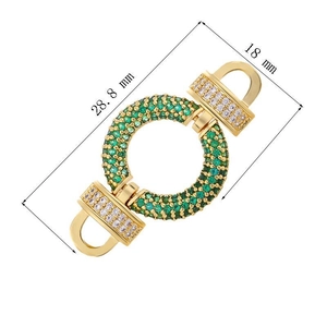Detailed view of gold plated jewelry connector with green cubic zirconia and measurements
