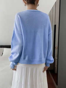 Back view of loose fit light blue knitted sweater with ribbed cuffs and drop shoulder detail